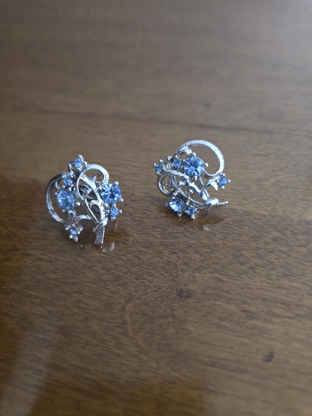Vintage Silver Floral Blue Rhinestone Screw Back Earrings